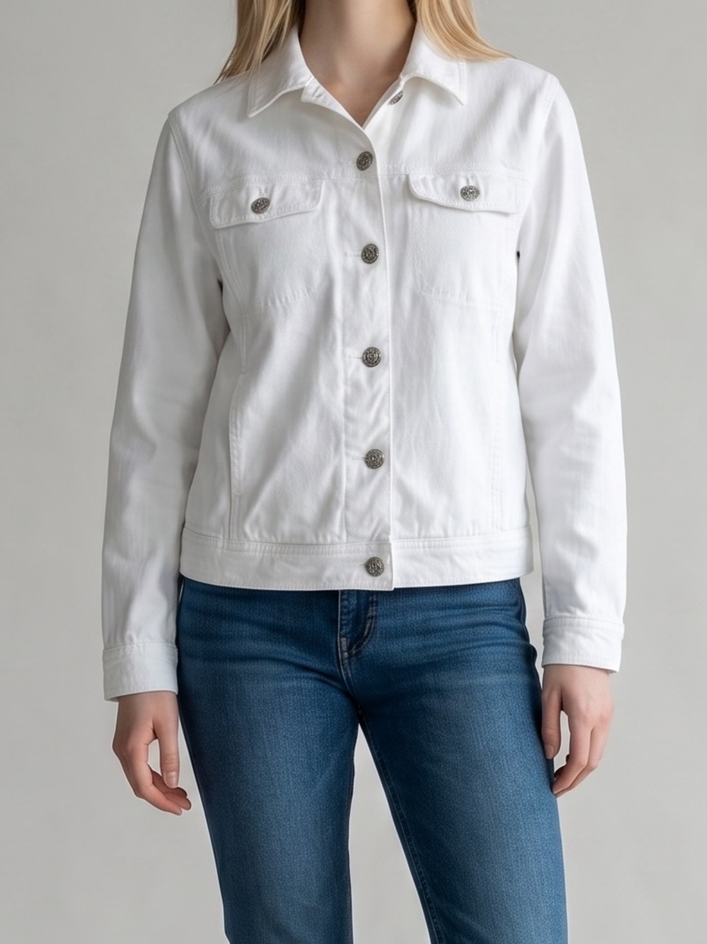 VINTAGE Bill Blass White Denim Jacket 100% Cotton Petite Medium Y2K 90s Boho